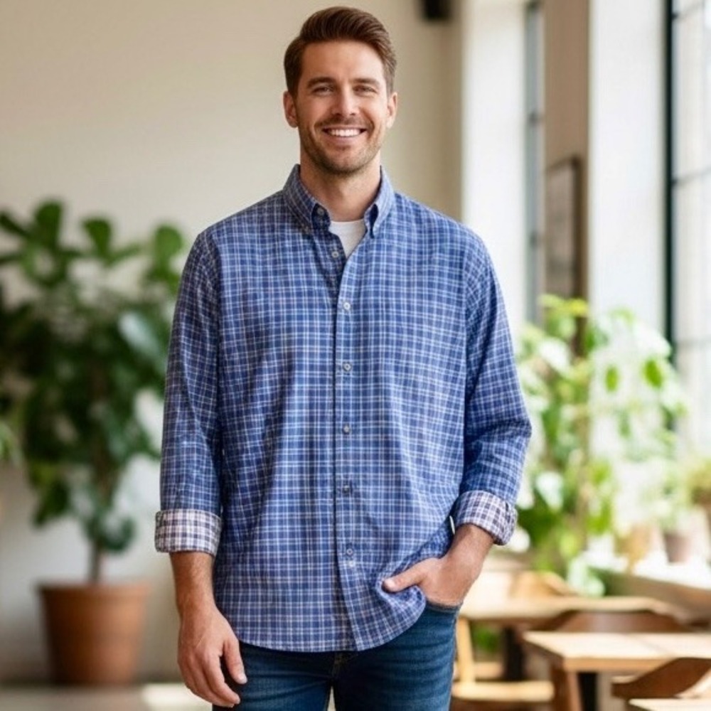 Peter Blair Shirt, Large, Button Down, Plaid, Long Sleeves, Blue Pink‎ Yellow